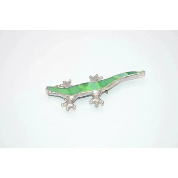 Green Glass Silver Tone Large Gecko Lizard Artist - Picture 3 of 4